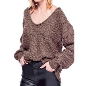 FREE PEOPLE Cocoa Crashing Waves V-Neck Knit Pullover Sweater - Small